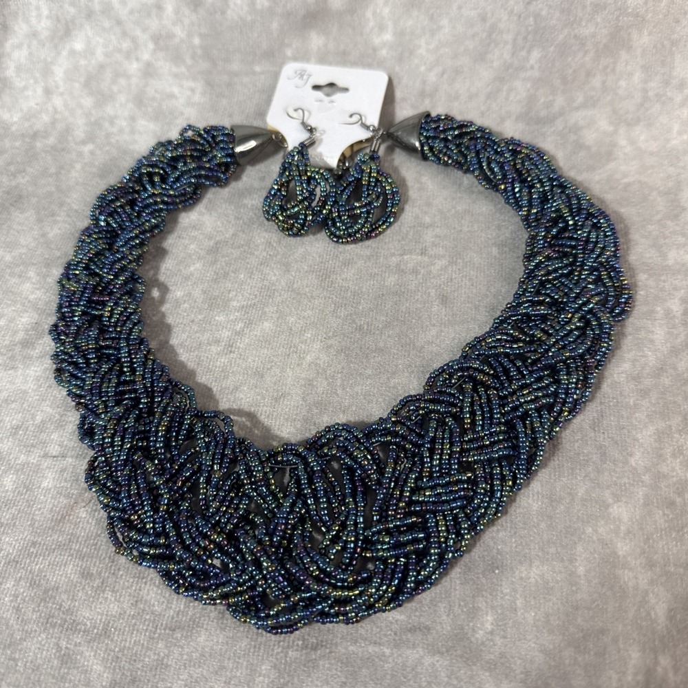 Blue Braided Micro Bead Beaded Necklace Silver Clasp W/ Matching Earrings